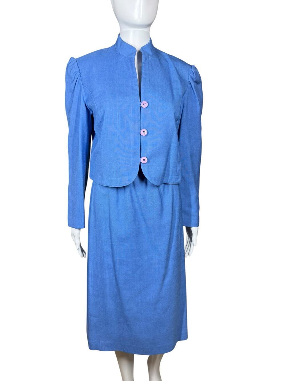 Philippe Marques 80s Vintage Blazer Skirt Suit 2 pc Set Blue Purple Size Medium